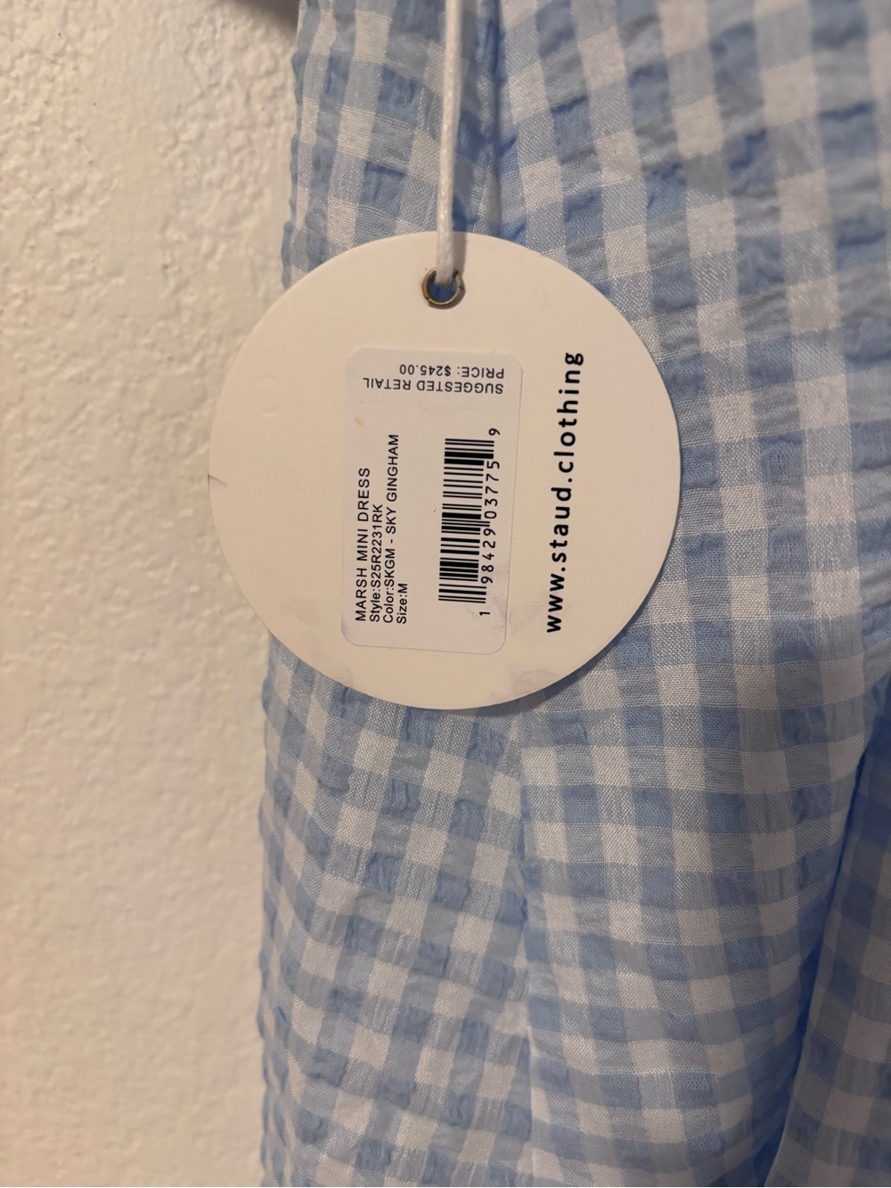 STAUD Marsh Mini Dress Sky Gingham V-Neck with Open Back Tie Size M NWT - Picture 5 of 8